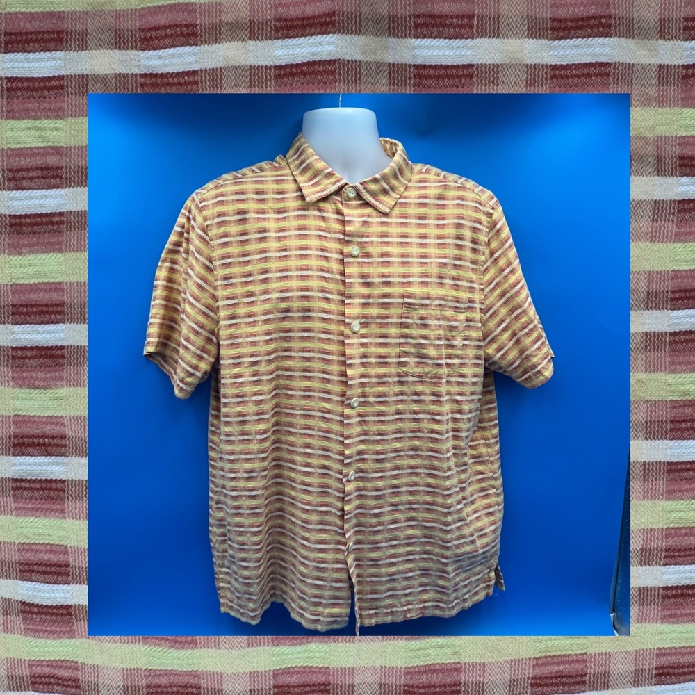 Tommy Bahama Mens XL Silk Cotton Blend Plaid Short Sleeve Button Up Shirt